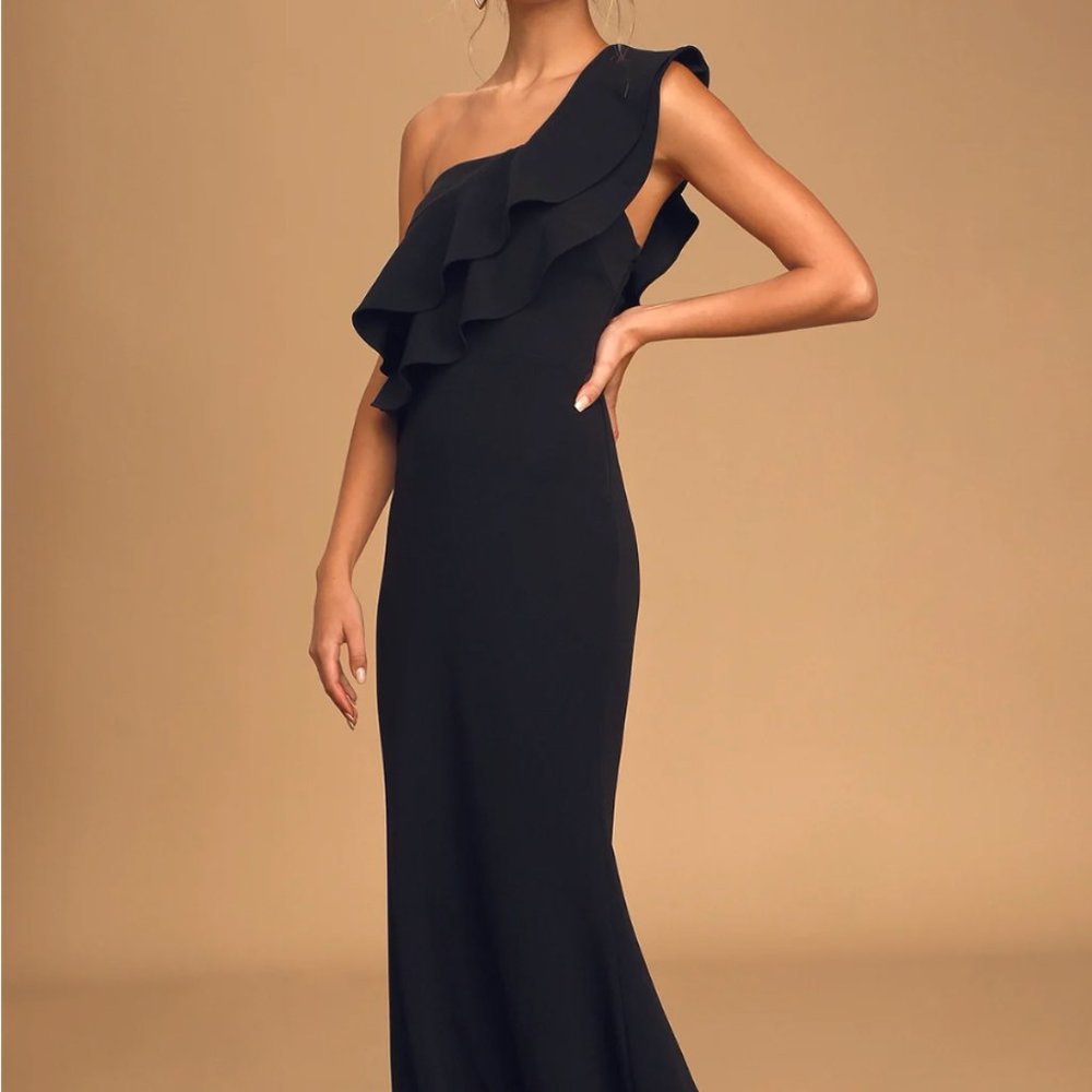 Lulu's Black Ruffled One-Shoulder Mermaid Maxi Dress